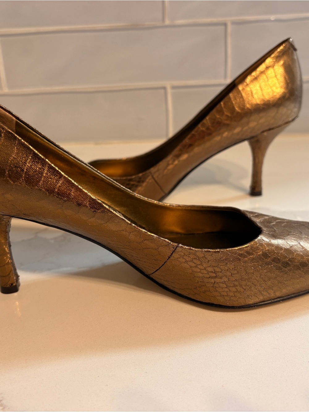 Nine West Metallic Gold Snake-Embossed Two inch Heels